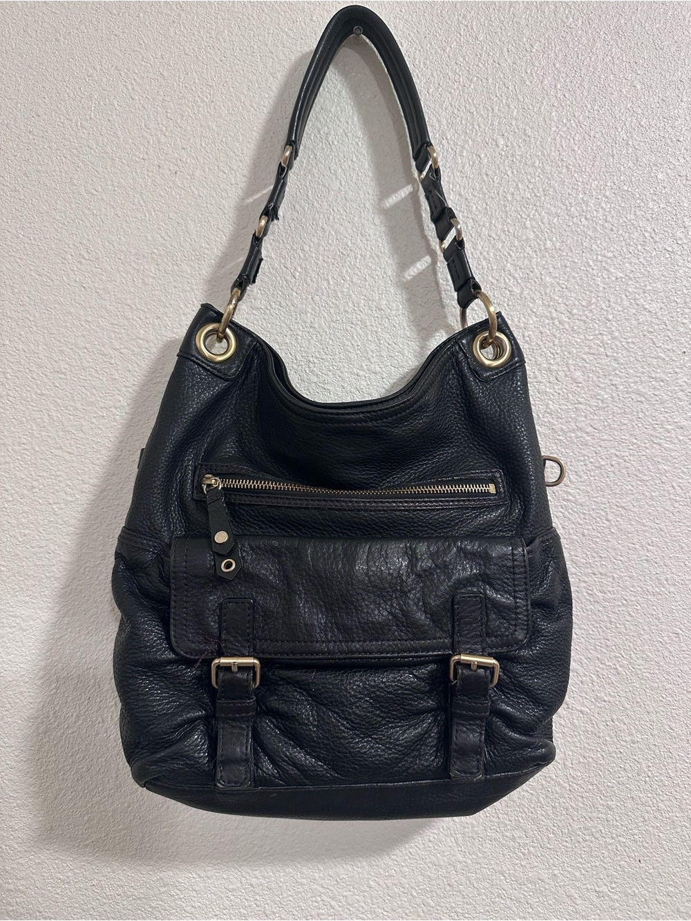 Cole Haan Black Leather Shoulder Bag with Gold Hardware Accents